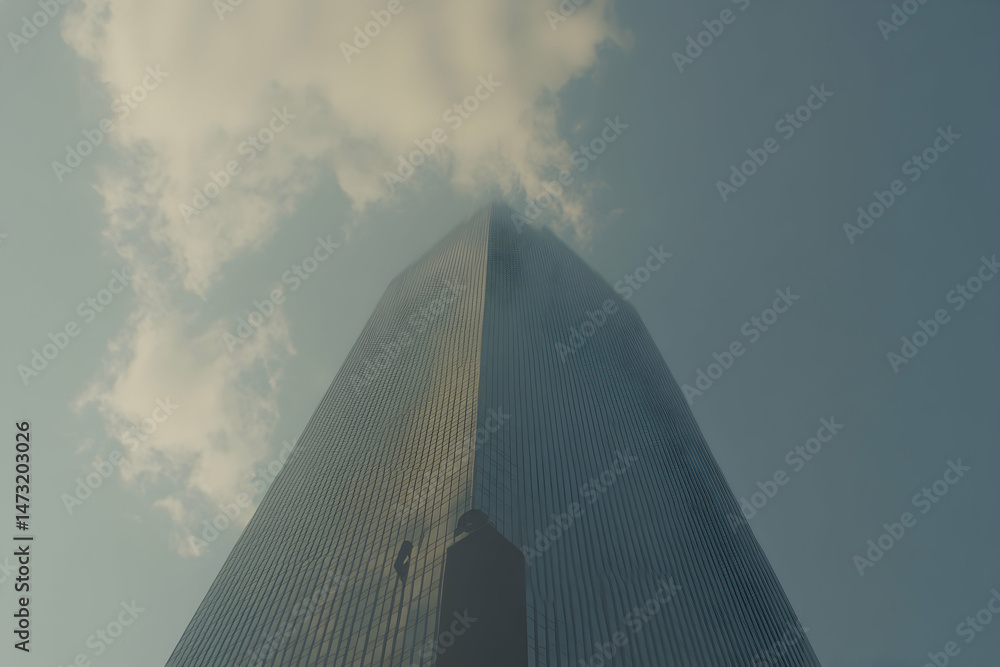 Poster low angle view of a modern skyscraper reaching towards a partly cloudy sky. the image evokes feeling