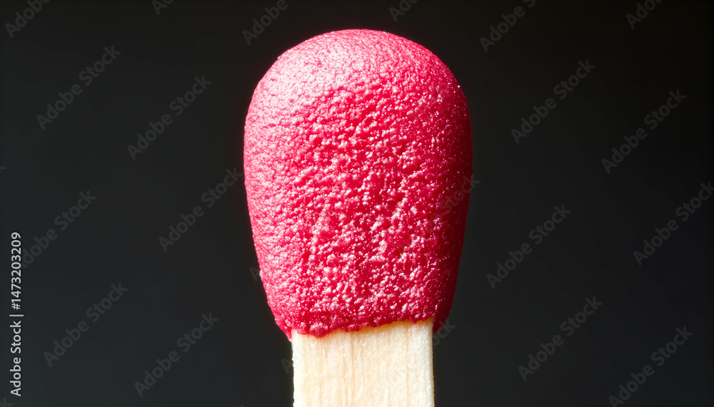 Poster extreme close-up of a red match head, showcasing its textured surface against a dark background. a d