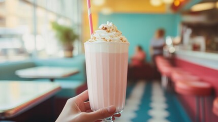 Strawberry milkshake in a retro diner