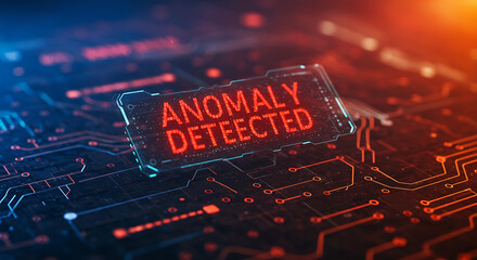 Illuminated Circuit Board with Anomaly Detected Warning in Red Text