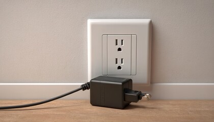 Black power adapter connected to a wall outlet charging electronics