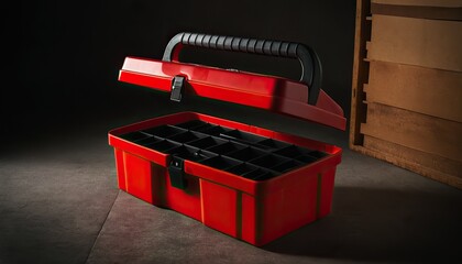 Open red plastic toolbox with handle in a workshop setting close up