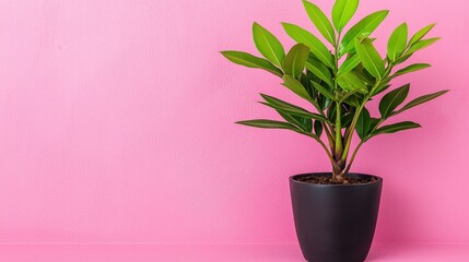 Fototapeta premium Lush Green Plant in Black Pot Against Pink Wall
