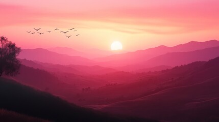 Obraz premium Serene Sunset over Pink Mountainscape: A Breathtaking View