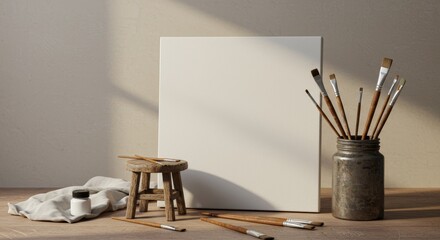 Artistic workspace featuring canvas, brushes, stool and light neutral tones