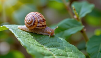 Closeup of a Snail Crawling on a Green Leaf in a Sunlit Natural Environment
