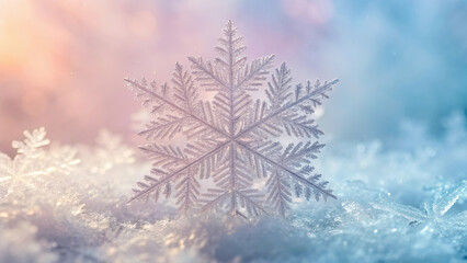 Close up of delicate snowflake resting on soft snow with pastel background, creating serene and magical winter atmosphere