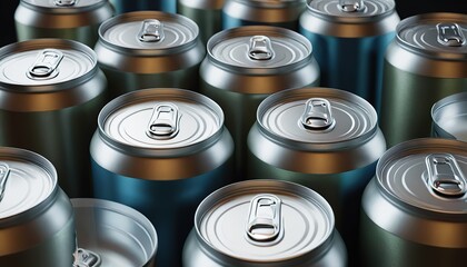 Close up of multiple aluminum cans with various colors in dark environment