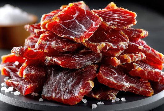 Freshly Sliced Dried Meat Stacked on a Black Plate Surrounded by Coarse Sea Salt and a Wooden Bowl of Salt in the Background for Culinary Use