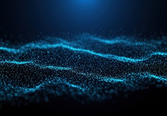 Abstract blue wave of glowing particles on a dark background