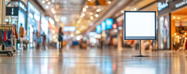 Obraz premium A large empty sign is on the floor in a busy shopping mall. The mall is filled with people and has a bright, lively atmosphere
