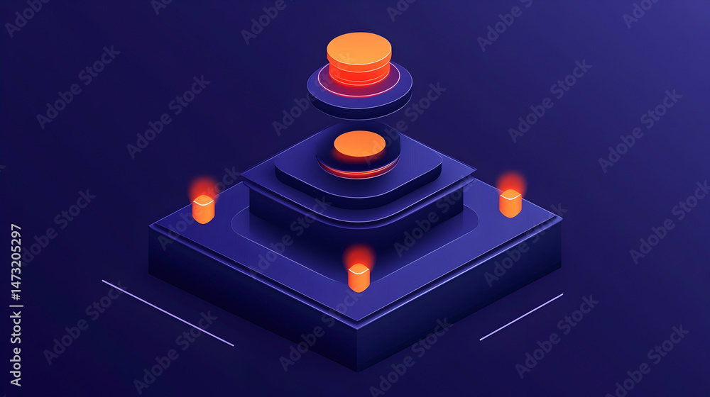 Poster abstract isometric illustration of a layered data structure, glowing orange elements highlight key d