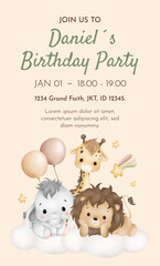 Watercolor Illustration Safari Animal Birthday party card template design