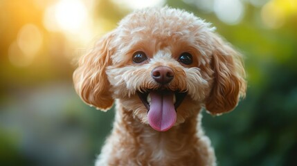 Adorable apricot poodle with open mouth, outdoor portrait