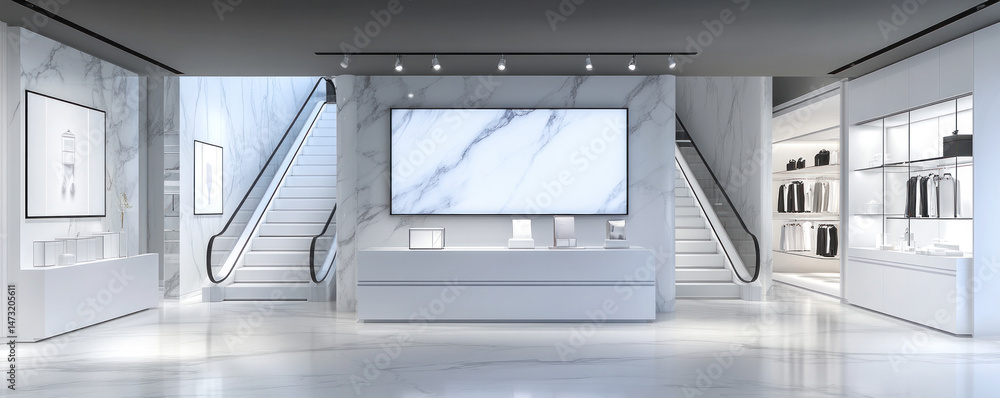 Poster a large white marble lobby with escalators and a counter. the escalators are on the left side of the
