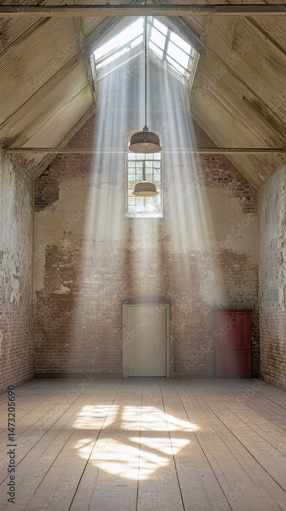 Poster a large room with a red door and a window. the room is empty and the sun is shining through the wind