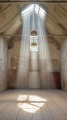 Fototapeta premium A large room with a red door and a window. The room is empty and the sun is shining through the window