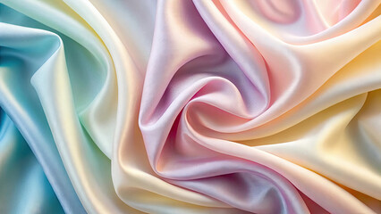 Fototapeta premium Soft pastel colored silk fabric with smooth and luxurious texture, elegantly folded into flowing curves and swirls, creating dreamy aesthetic