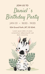 Watercolor Illustration Safari Animal Birthday party card template design