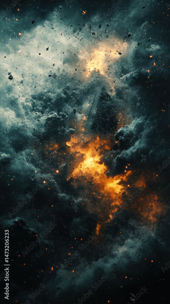 Aufkleber a space shot of a star exploding with a lot of debris. the image is dark and moody, with a sense of 