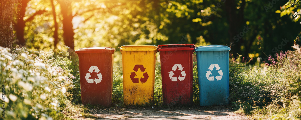 Poster four trash cans are lined up in a row, each with a different color and a different recycling symbol.