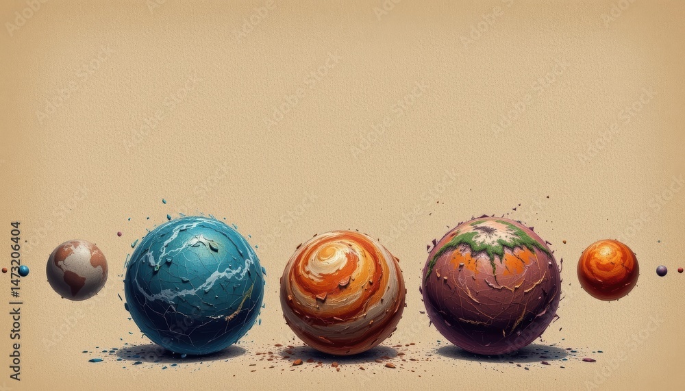 Poster colorful collection of abstract spheres representing planets on textured background