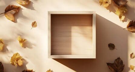 Wooden frame with autumn leaves, conveying a sense of fall and natural materials.