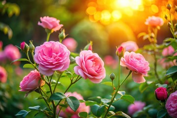 Lovely pink roses bathed in warm sunset light, a picturesque garden scene of blooming flowers and lush greenery