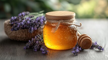 Fototapeta premium Honey in a jar with lavender