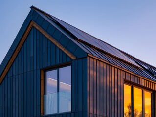 Fototapeta premium Contemporary passive house displays clean lines and dark cladding near sunset.