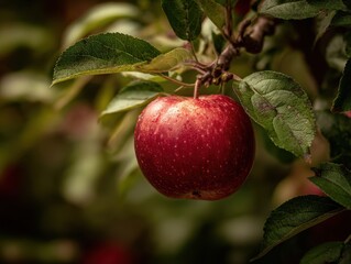 Obraz premium Close-up view of a single, ripe red on a branch.