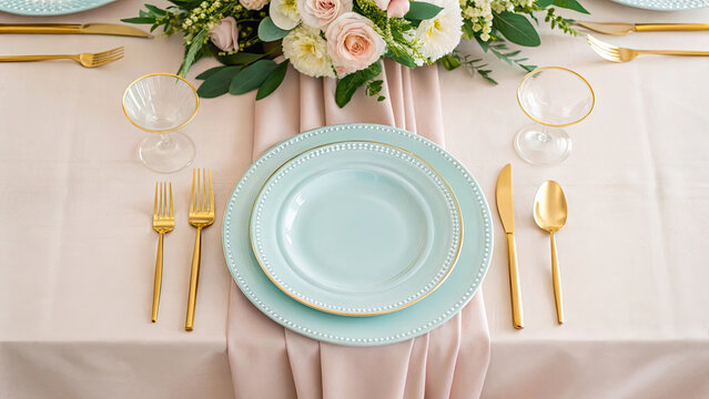 Elegant pastel table setting with mint green plates, gold cutlery, and floral centerpiece on soft pink tablecloth, exuding luxury and charm - Powered by Adobe