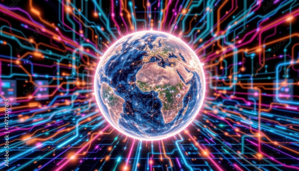 Aufkleber conceptual representation of a glowing earth surrounded by colorful digital connections and data flo