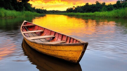Fototapeta premium Yellow Wooden Boat on Calm River at Sunset