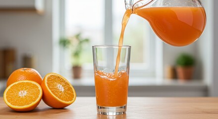 Freshly squeezed orange juice being poured into a glass on a woo