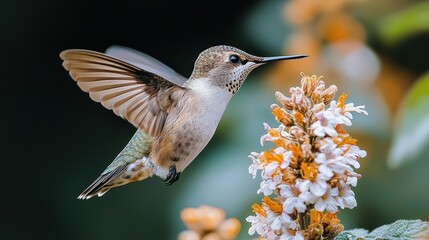 Fototapeta premium Hummingbird in flight, feeding on flower