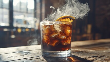 Steaming cocktail on a rustic bar