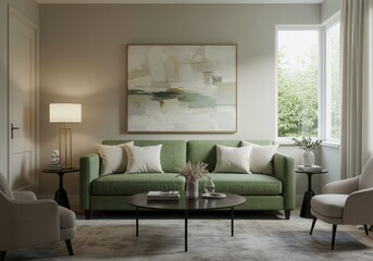 Living room interior with green sofa, white pillows, and abstract art