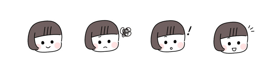 ゆるかわいい手描き風の表情セット／おかっぱの女の子