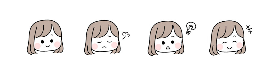 ゆるかわいい手描き風の表情セット／ボブの女の子