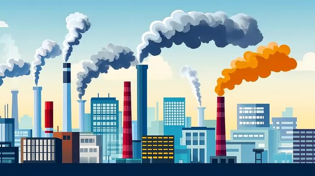 Animated depiction of an industrial zone with smokestacks spewing plumes, highlighting environmental concerns