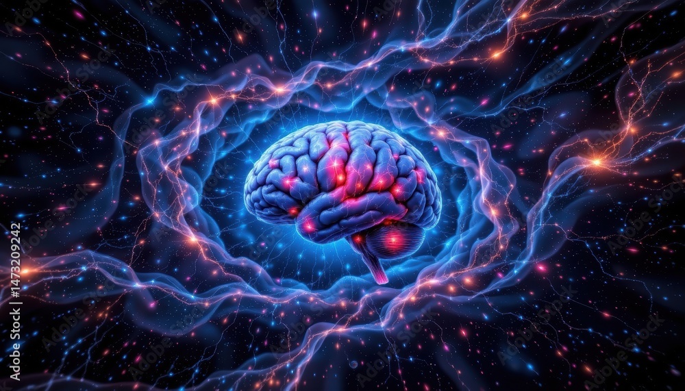 Poster cosmic brain surrounded by colorful galaxies and energy patterns in a mystical universe