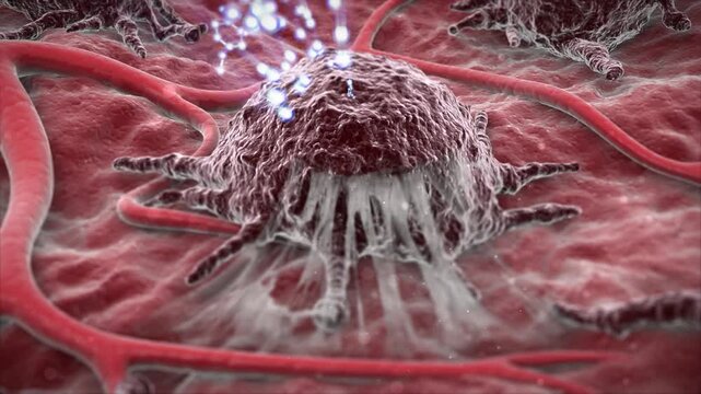 Tumors and cancer cells are treated with medicine. Tumors are killed by chemotherapy and radiotherapy. Various tumors in human organs, covered with vascular network,oncology 3D animation.