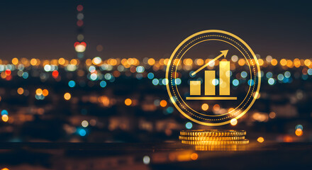 Night Cityscape with Illuminated Growth Chart  Symbol of Financial Progress and Urban Development