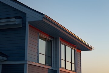 A modern house shines at sunset with solar panels installed on the rooftop.