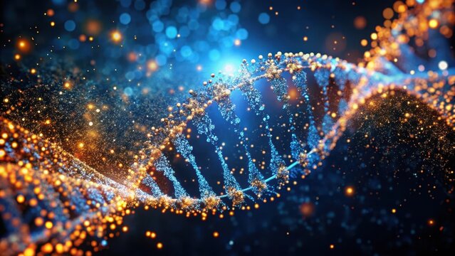 A luminous double helix of particles, shimmering with golden and blue light, floats in a cosmic dust cloud.