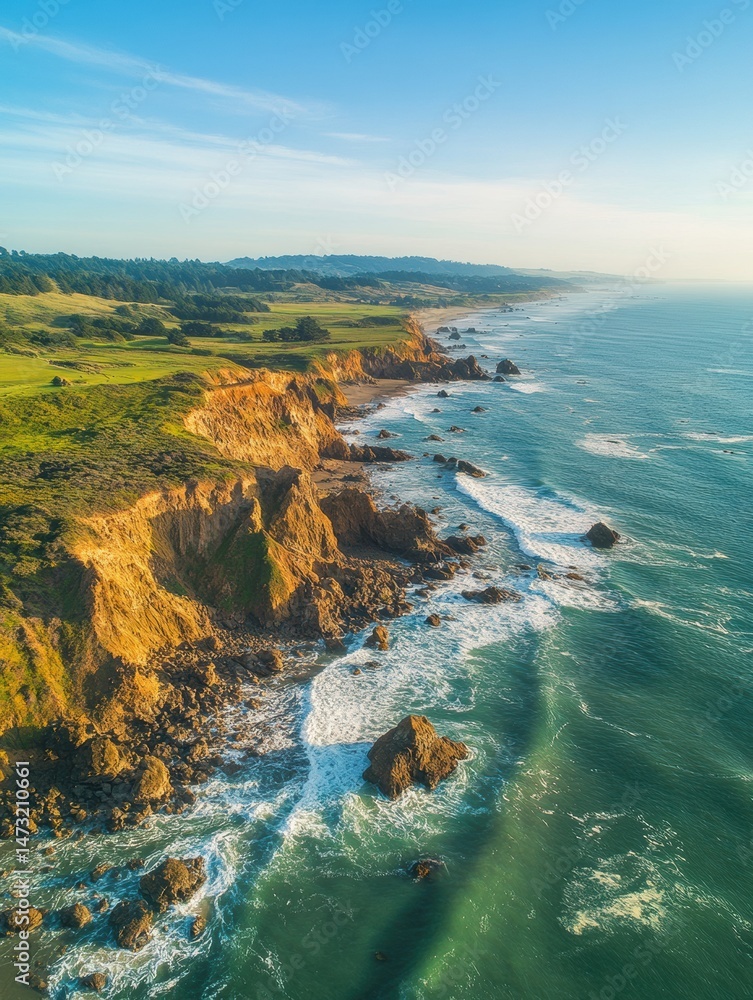 Poster dynamic aerial view of coastal cliffs and crashing waves along a pristine shoreline under clear skie
