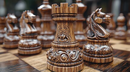 Close-up of intricately carved wooden chess pieces on a checkered board
