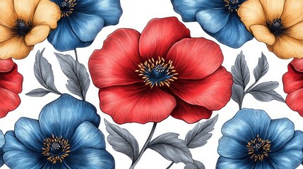 Floral pattern with vibrant red, blue, and yellow poppies on a white background. Detailed botanical illustration with leaves and stems