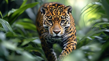Obraz premium Jaguar prowling through dense jungle foliage